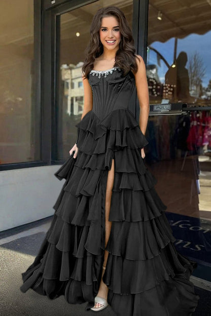 Charming A-Line Strapless Green Chiffon Tiered Long Prom Dresses with Slit  LD16010602