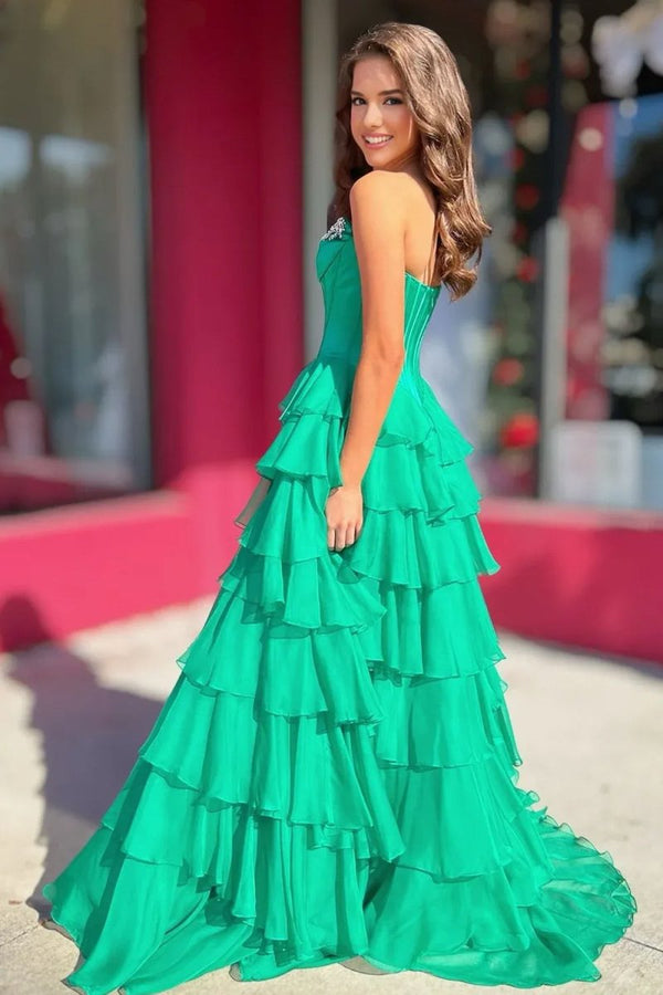 Charming A-Line Strapless Green Chiffon Tiered Long Prom Dresses with Slit  LD16010602