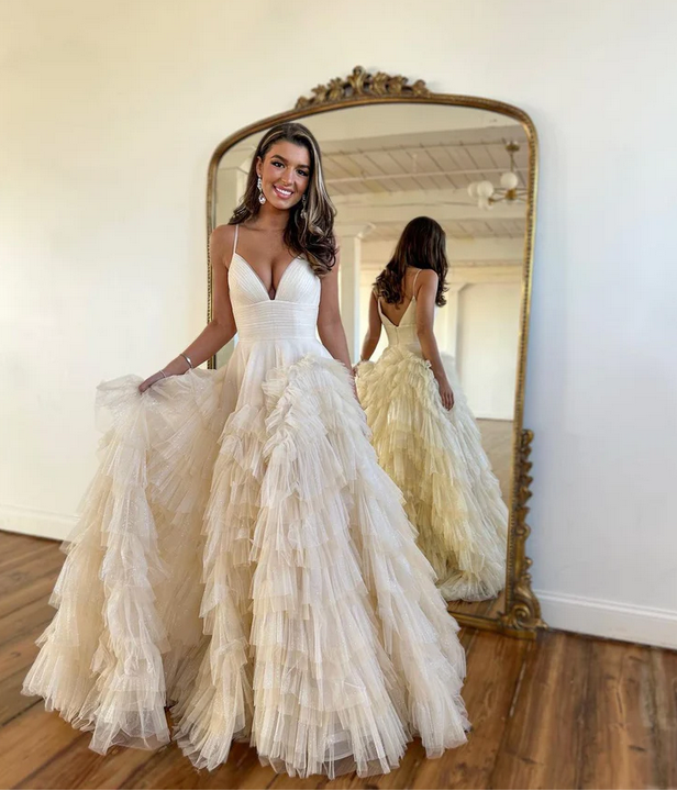 White A-Line Tulle Prom Dress with Deep V-Neck and Tiered Skirt