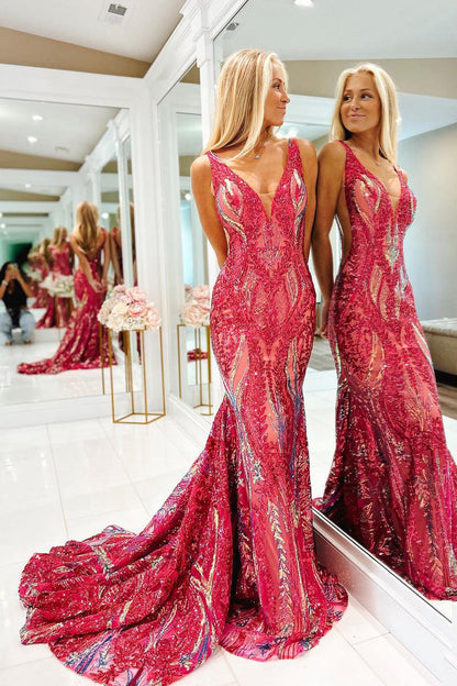 Charming Mermaid V Neck Red Sequins Long Prom Dress LD070817