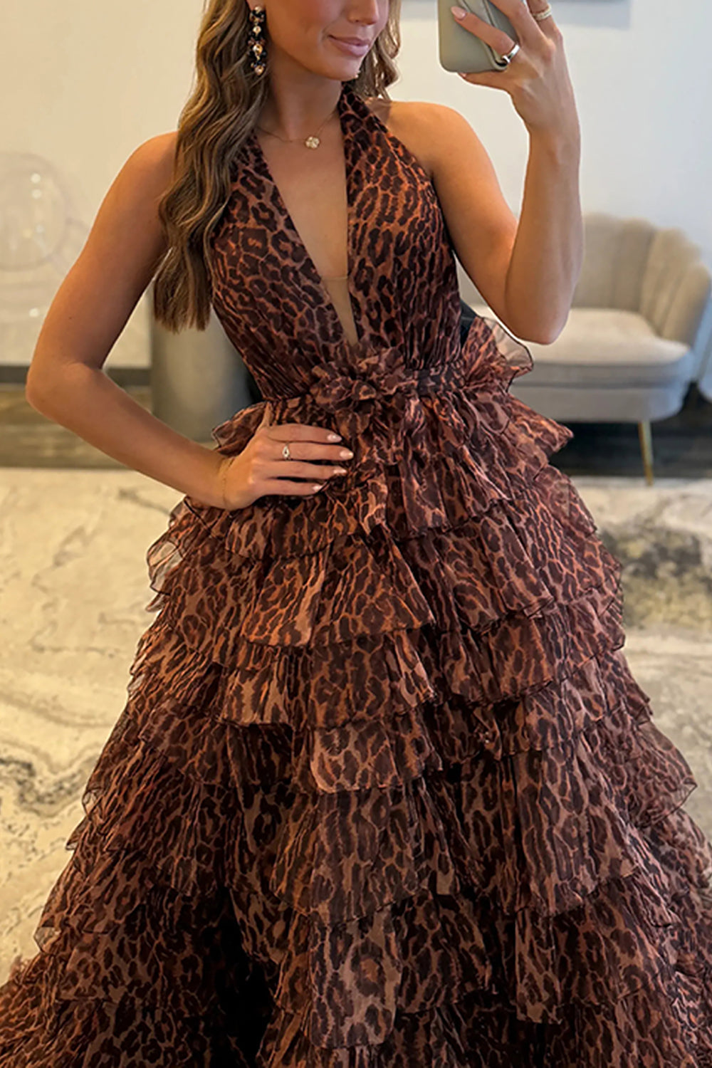 Ball Gown Halter V Neck Brown Leopard Ruffle Tiered Long Prom Dresses LD16011108