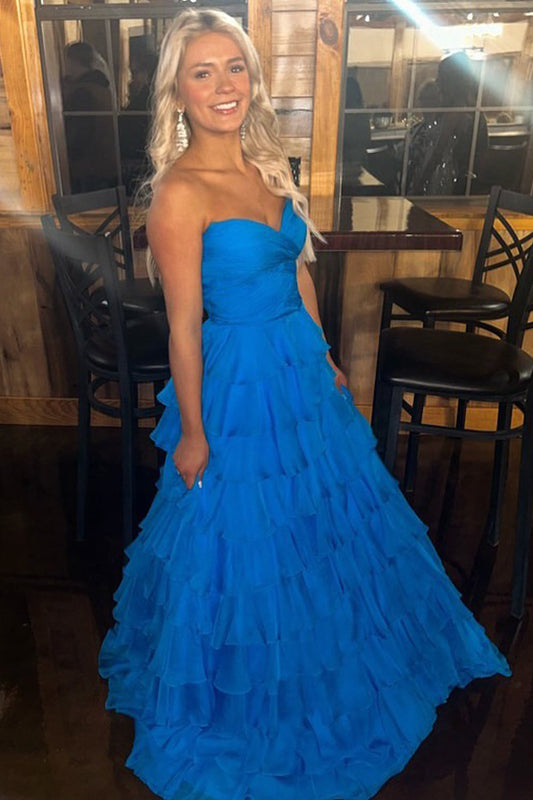 Cute A-Line Sweetheart Blue Chiffon Prom Dress with Tiered Skirt