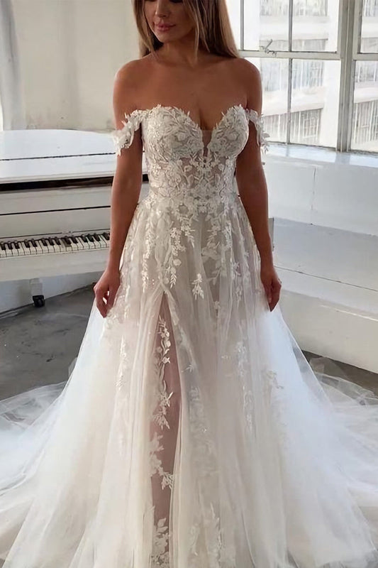 Fairy A Line Sweetheart Tulle Wedding Dresses with Appliques LD062538