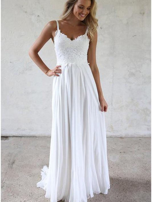 Glamorous White Sheath Chiffon Prom Dress with Spaghetti Straps, Sweetheart Neck, and Lace