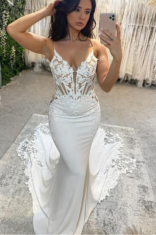 Vivienne | Elegant V-Neck Mermaid Long Wedding Dress in Elastic Satin with Appliques