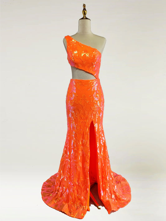 Valencia | Glamorous One-Shoulder Orange Sequin Mermaid Prom Dress with Slit