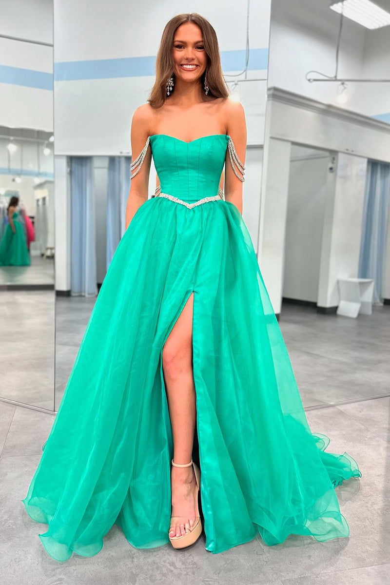 Cute A-Line Sweetheart Green Satin Long Prom Dress with Beaded LD0625110