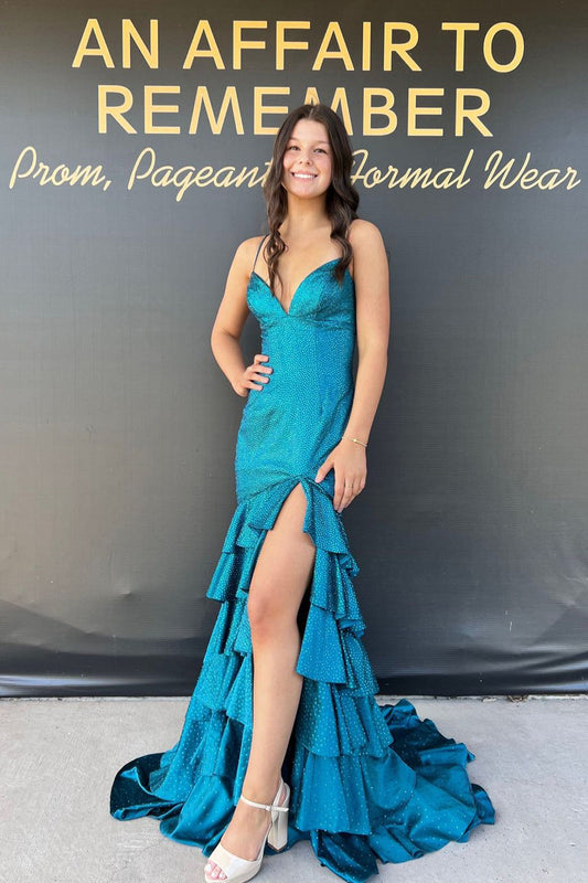 Elegant Sheath V-Neck Peacock Blue Satin Prom Dress with Beading and Tiered Detail