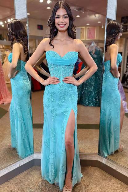 Mermaid Sweetheart Yellow Lace Appliques Long Prom Dresses with Slit LD16011401