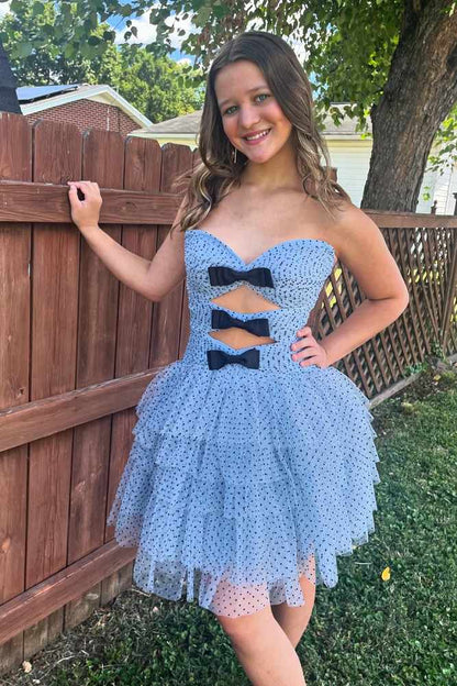 Cute A-Line Sweetheart Black Dot Tulle Homecoming Dresses with Bows LD24080303