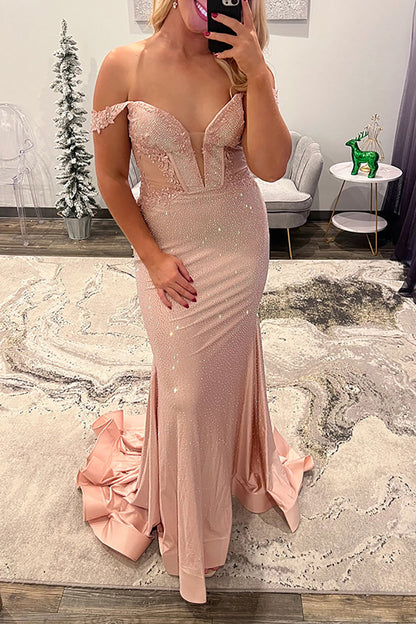 Charming Mermaid Off the Shoulder Blush Satin Beads Long Prom Dress with Appliques LD16010501