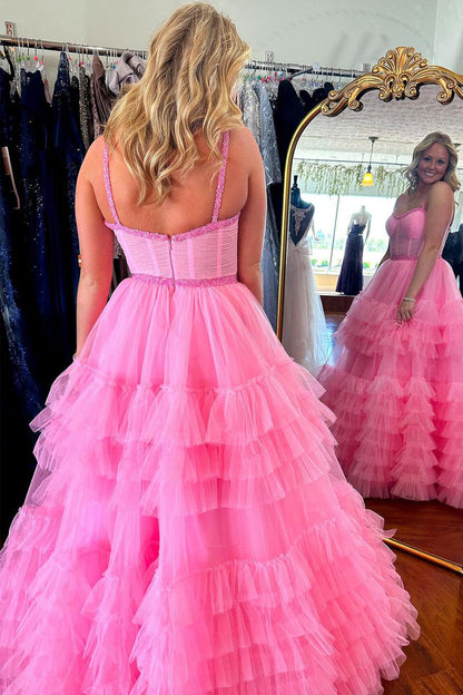 Cute A Line Sweetheart Pink Tiered Tulle Prom Dresses LD062569