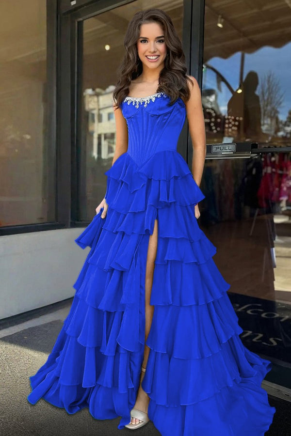 Charming A-Line Strapless Green Chiffon Tiered Long Prom Dresses with Slit  LD16010602