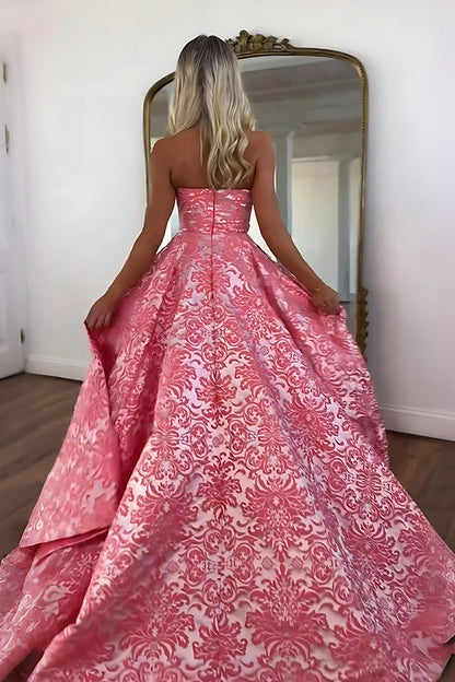 Pretty A-Line Strapless Jacquard Satin Pink Long Prom Dresses LD26011902