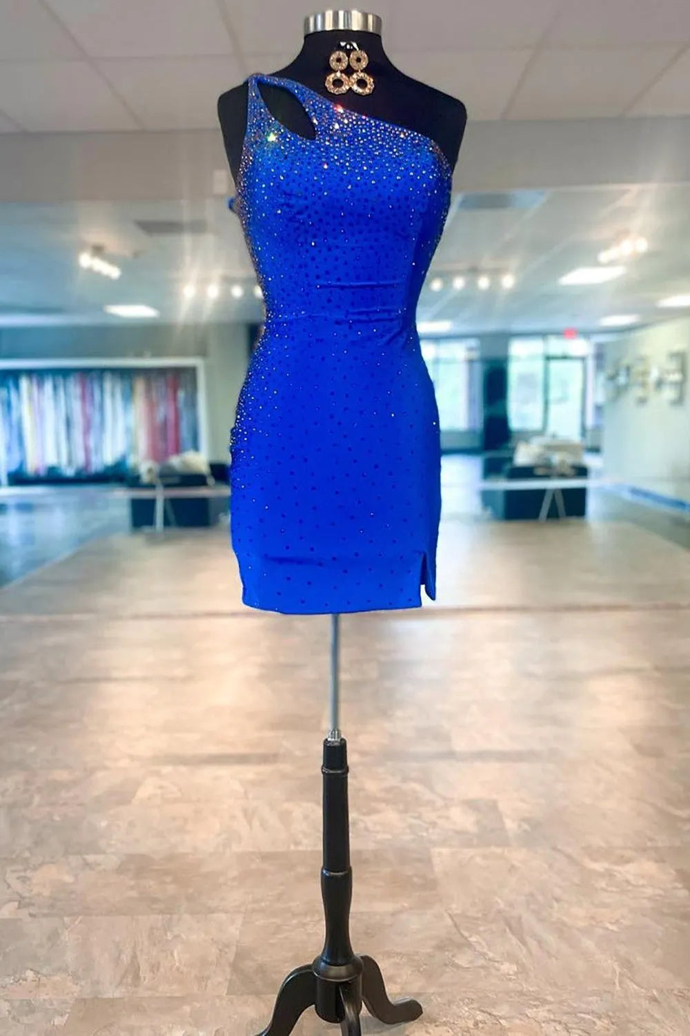 Cute Bodycon One Shoulder Blue Keyhole Homecoming Dresses with Beading LD080605