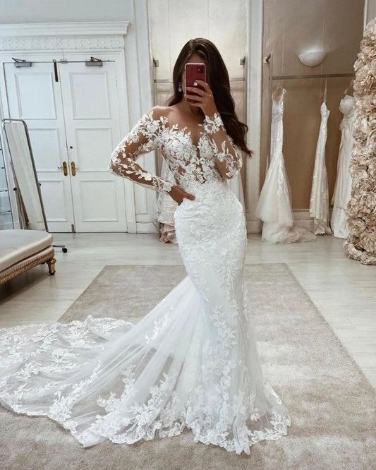 Mermaid Bateau Neck Sleeves Wedding Dresses with Appliques LD070502