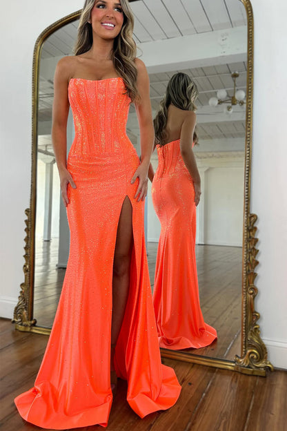 Gorgeous Mermaid Strapless Orange Hot Fix Satin Prom Dress with Slit LD16122805