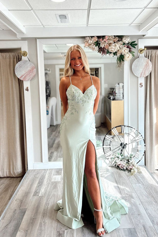 Charming Mermaid Light Green Satin V-Neck Prom Dress with Beading