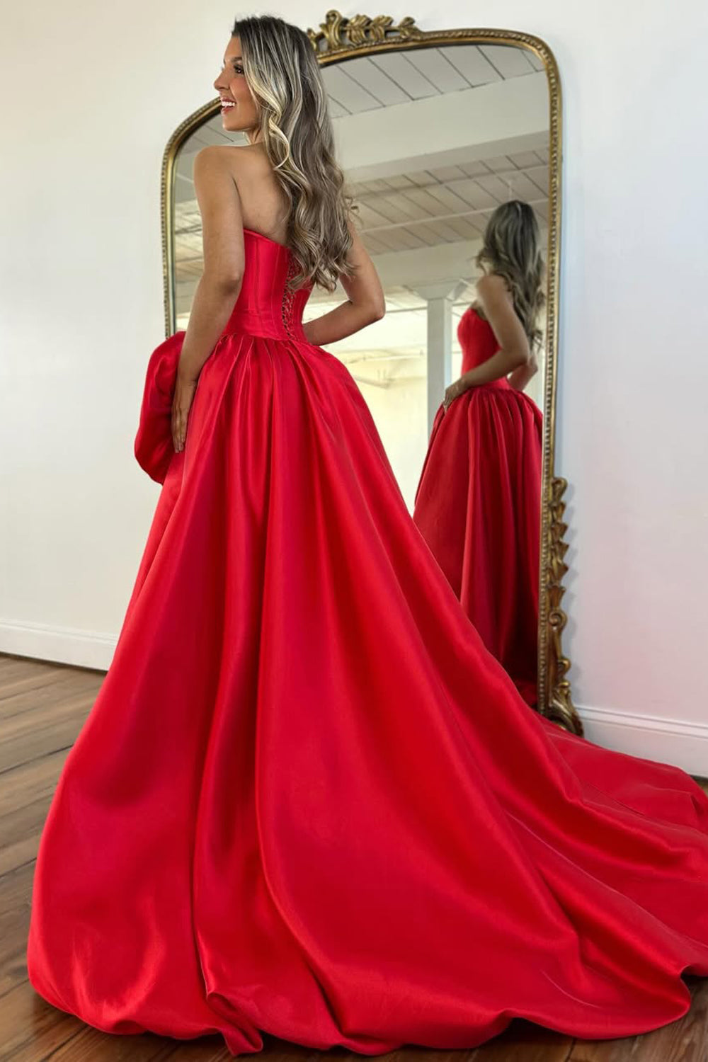 A-Line Strapless Red Satin Prom Dresses with Handmade Flower LD16012707