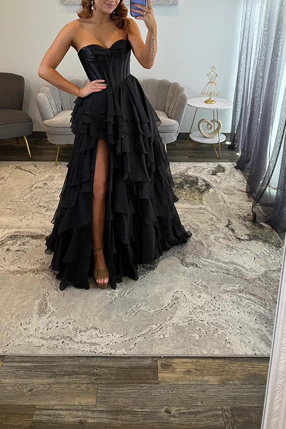Classic Ball Gown Strapless Black Chiffon Ruffle Tiered Prom Dresses with Slit LD16010706