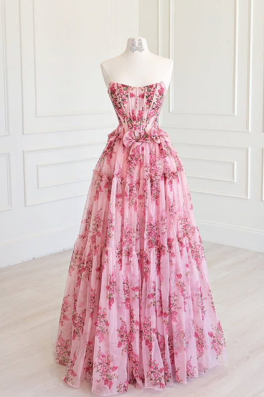 Fairy A Line Scoop Neck Floral Chiffon Long Prom Dress LD261904