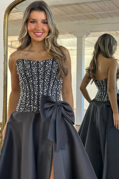 Gorgeous A Line Strapless Black Satin Prom Dress with Beading LD011705