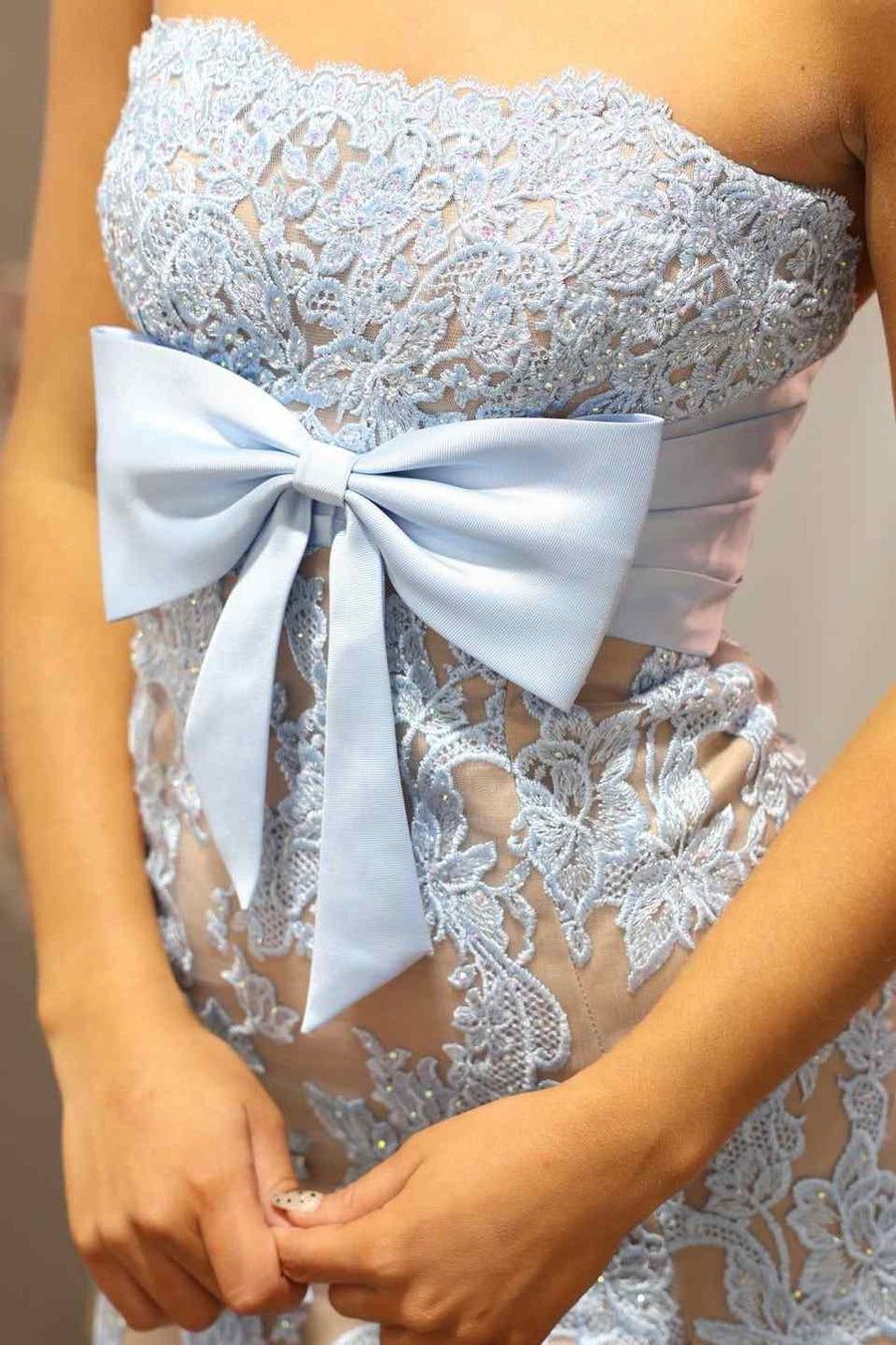 Mermaid Strapless Light Blue Lace Appliques Bow Prom Dresses with Slit LD16011301