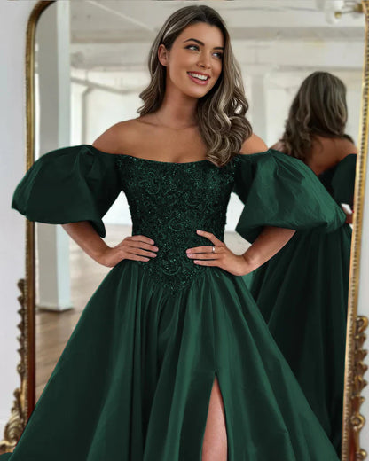 Liana | Off-the-Shoulder A-Line Taffeta Prom Dress with Puffy Short Sleeves