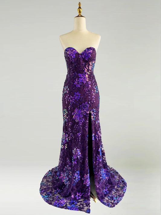 Amara | Graceful Purple Mermaid Satin Prom Dress with Sweetheart Neckline and Appliques