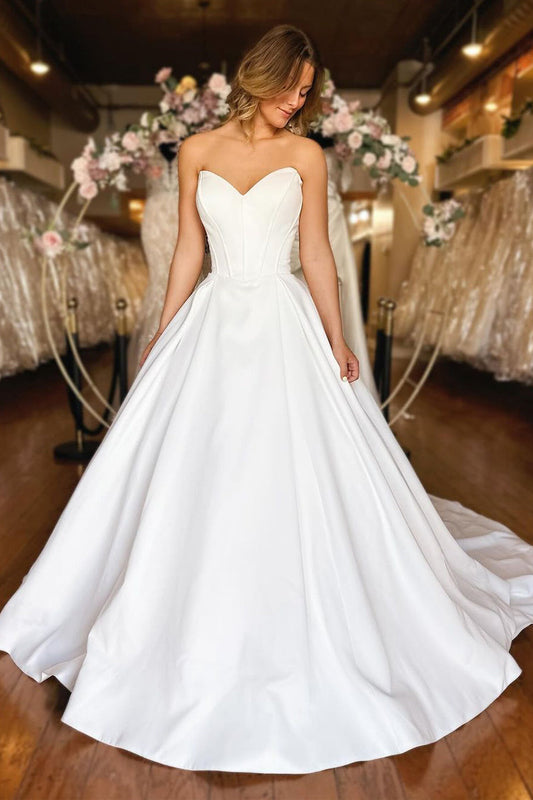 Princess Strapless White Satin Wedding Dresses with Pockets LD062573