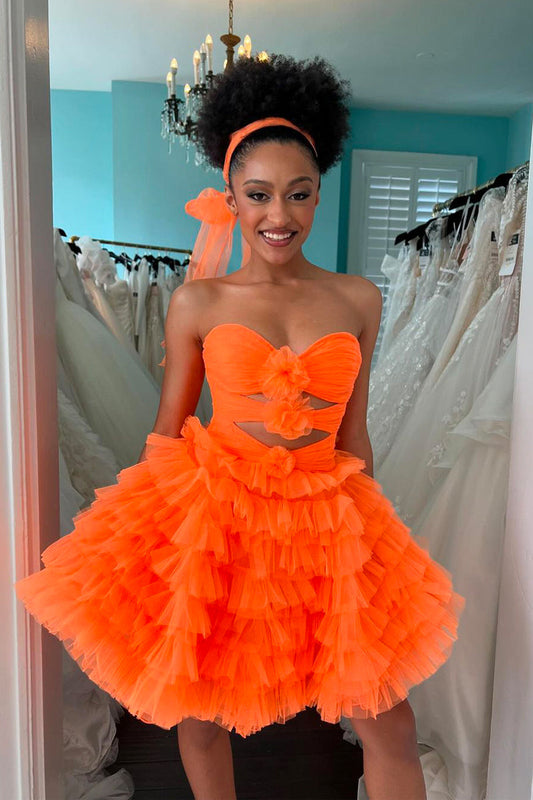 Cute A-Line Sweetheart Orange Ruffle Tulle Short Homecoming Dresses LD062501