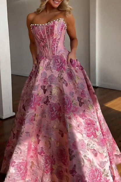 Cute A-Line Strapless Jacquard Satin Purple Flower Long Prom Dresses with Bow LD26011903