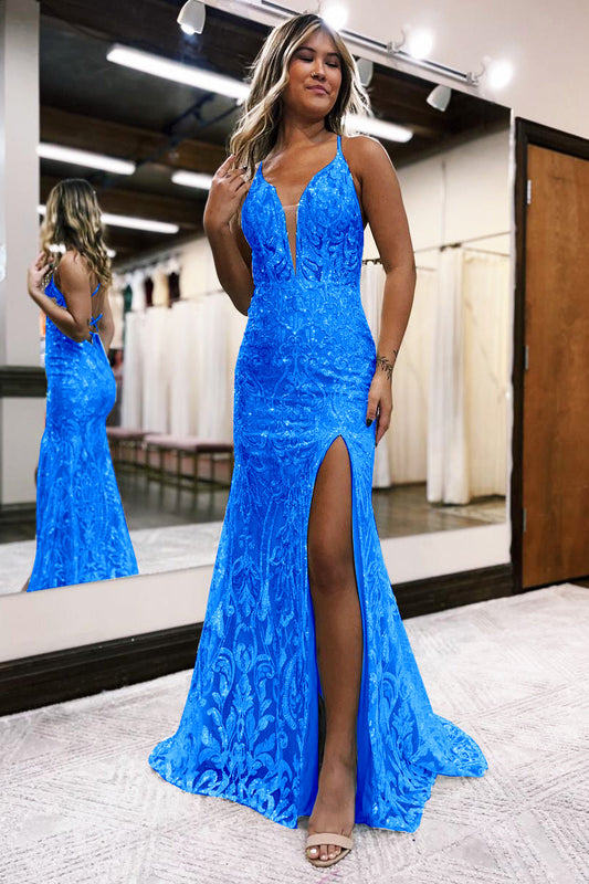 Cute Sparkly Mermaid Deep V Neck Blue Sequins Prom Dresses with Slit LD070813