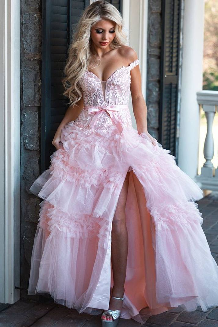 Ball Gown Off the Shoulder Pink Layered Ruffled Long Prom Dresses with Slit LD16011105