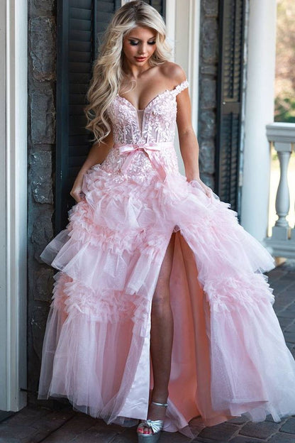 Ball Gown Off the Shoulder Pink Layered Ruffled Long Prom Dresses with Slit LD16011105