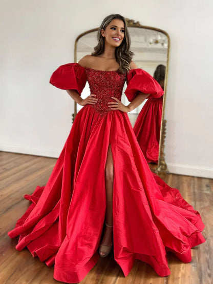 Liana | Off-the-Shoulder A-Line Taffeta Prom Dress with Puffy Short Sleeves