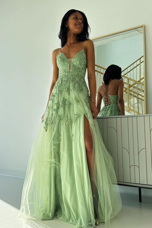 Sage Green V-Neck Tulle A-Line Long Prom Dress with Appliques Detail