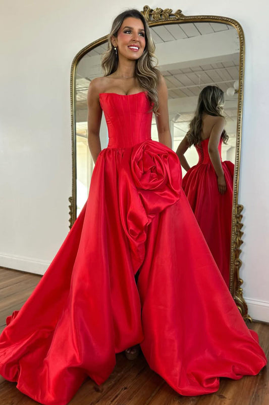 A-Line Strapless Red Satin Prom Dresses with Handmade Flower LD16012707