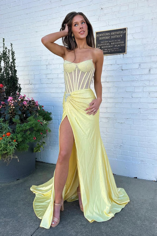 Mermaid Strapless Yellow Croset Satin Long Prom Dresses with Slit LD16012002