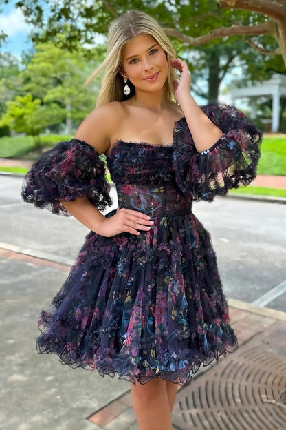 Cute A Line Strapless Floral Printed Puff Sleeves Homecoming Dresses LD071504