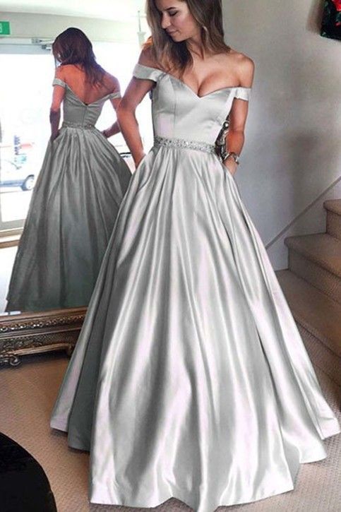 Glamorous A-Line Satin Ball Gown Prom Dress with Off-the-Shoulder Design and Beaded Belt