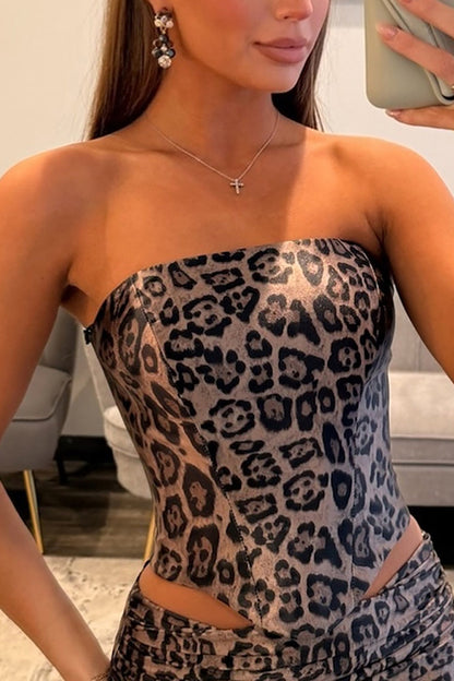 Mermaid Strapless Cut Out Brown Leopard Long Prom Dresses LD16011205