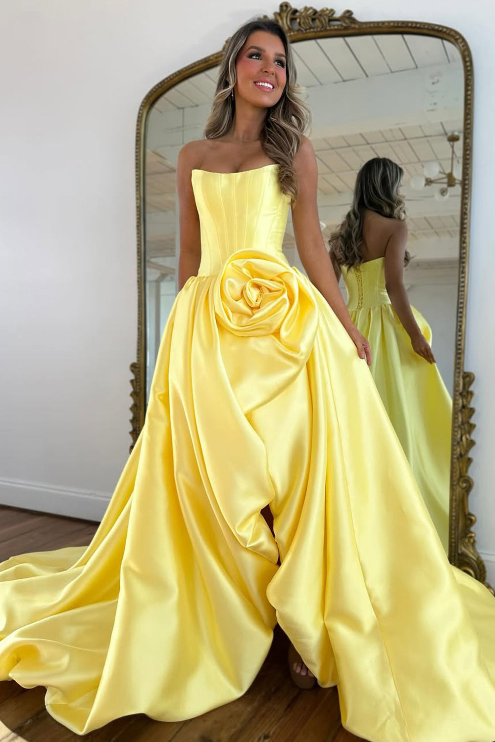 A-Line Strapless Red Satin Prom Dresses with Handmade Flower LD16012707