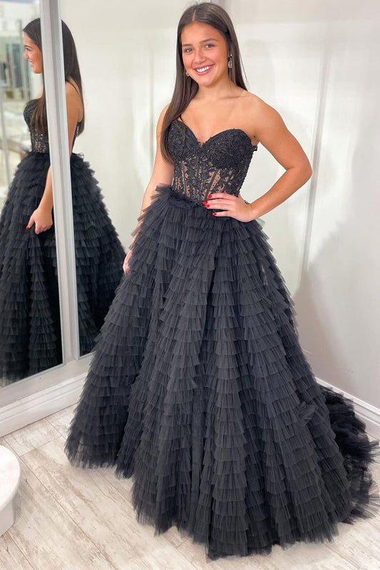 Cute Strapless Black Ruffle Tiered Tulle Prom Dresses with Appliques LD062555