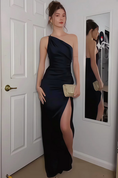 Sage Green One Shoulder Pleats Long Prom Dresses with Slit LD16011109