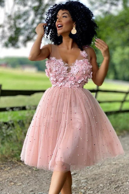 Yolanda | A-Line Tulle Homecoming Dress with Floral Accents and Beading