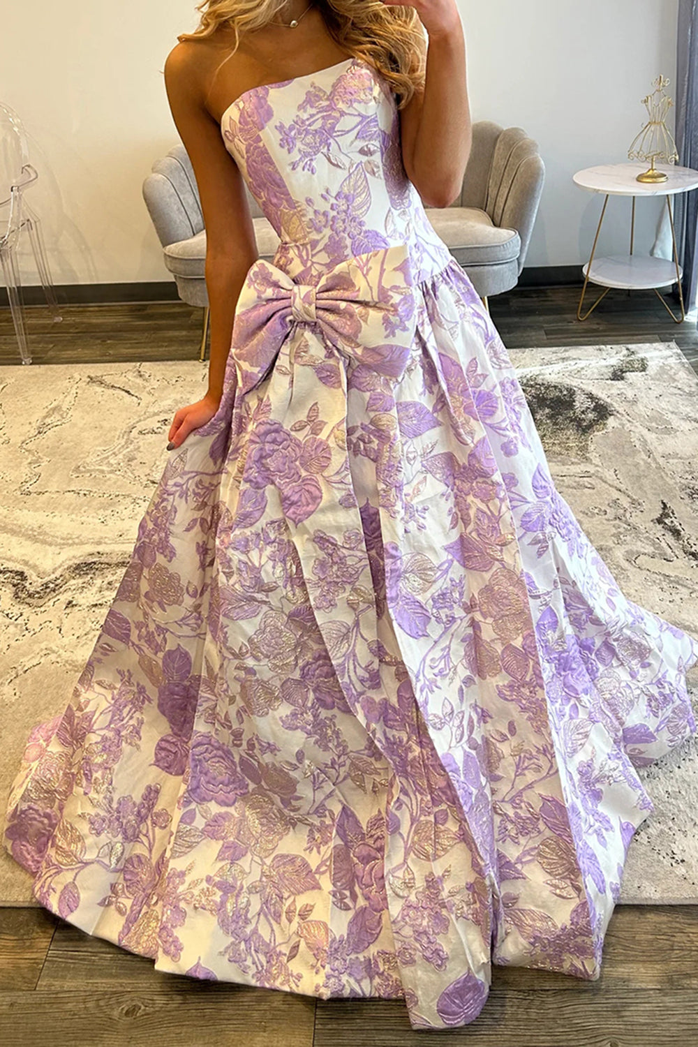 Cute A-Line Strapless Jacquard Satin Purple Flower Long Prom Dresses with Bow LD26011903
