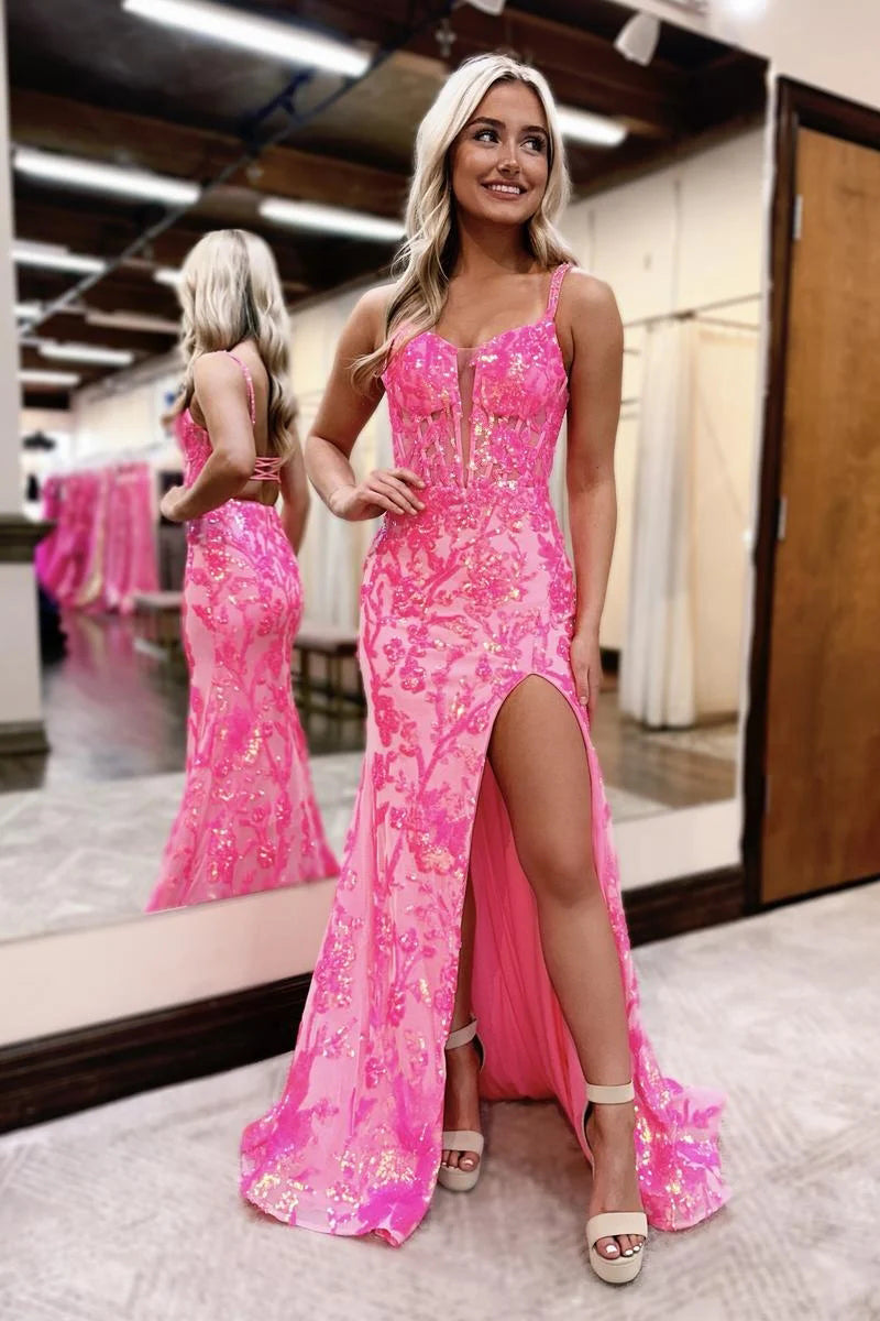 Cute Mermaid V Neck Hot Pink Sequins Lace Long Prom Dress with Slit LD062527