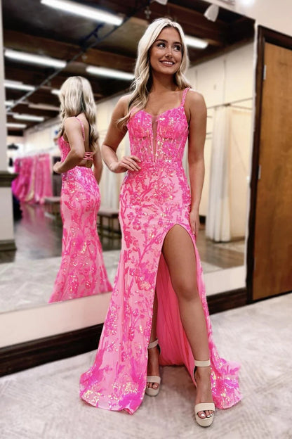 Cute Mermaid V Neck Hot Pink Sequins Lace Long Prom Dress with Slit LD062527