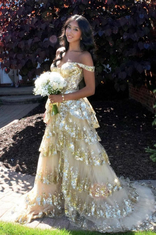 Sparkly Ball Gown Off the Shoulder Gold Sequins Long Prom Dresses LD070305